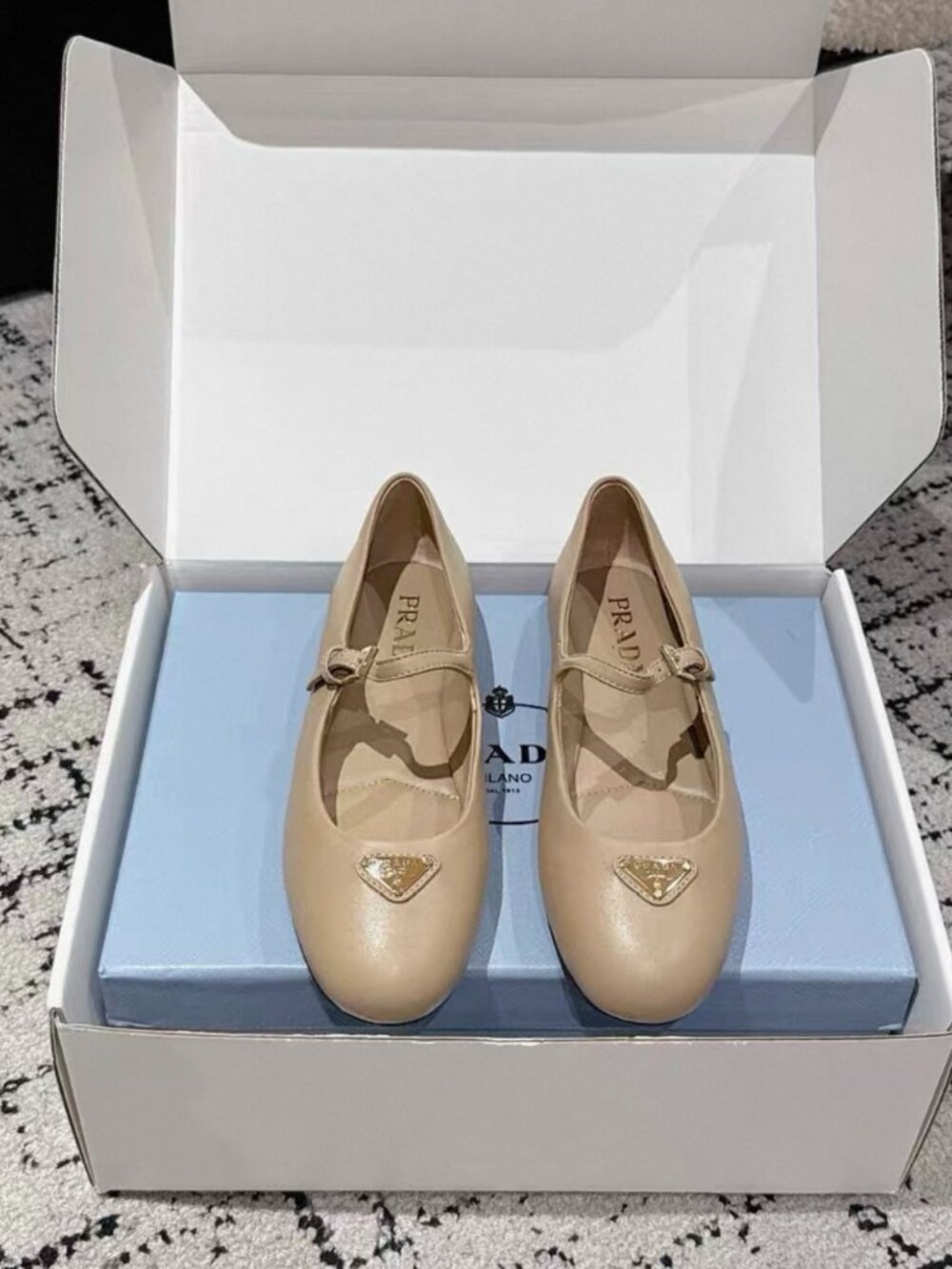 Prada Beige Leather Mary Jane Ballerina Flats